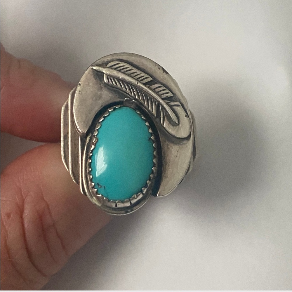 Vintage Native American Signed PP Turquoise Feather Sterling Silver Ring Size 11